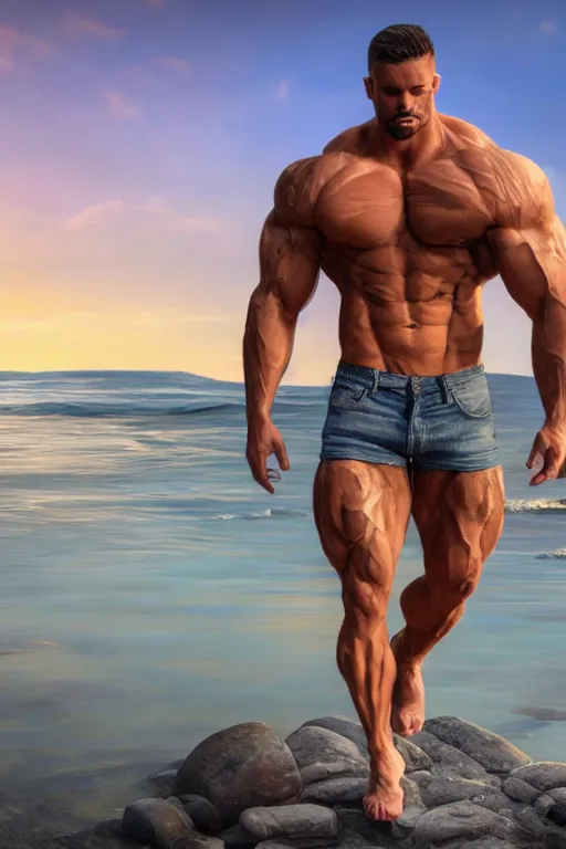 Prompt: a very muscular and defined man wearing ripped pants and shirt looking to the sea at sunset, godrays, complementary colors, natural lighting, portait image, path tracing, serene landscape, high quality, highly detailed, 8K, soft colors, warm colors, turbulent sea, high coherence, anatomically correct, hyperrealistic, concept art, defined face, five fingers, front view