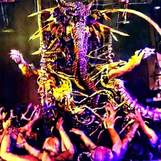 Image similar to 10,100 wemon worshipping the cybercore dragon angel pimp covered in wires damnation, holy ceremony, heavens gate, low quality photo, crowd, flikr