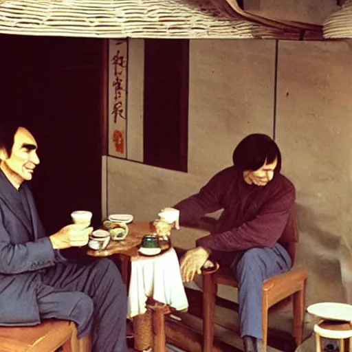 Image similar to carl sagan and alien drinking tea in a chinese tea house