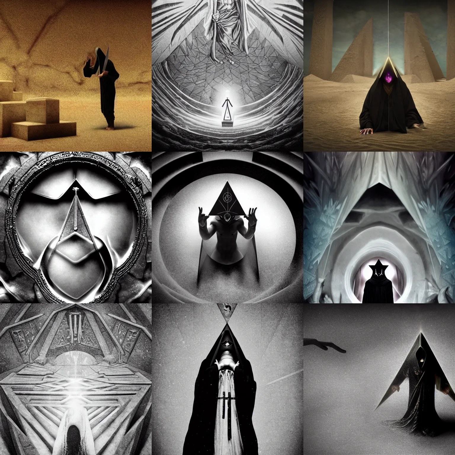 Prompt: Demonic masonic style occult hyperrealism cinematic dark magus style seinen manga film still inspired by occult alchemy(1920), submerged temple ritual scene, extreme closeup portrait of hooded cult master consuming regalia for infinite disciples, half submerged in heavy sand, tilt shift zaha hadid designed babylonian temple background, Panavision X III , 8K, 35mm lens, three point perspective, chiaroscuro, highly detailed, golden ratio composition