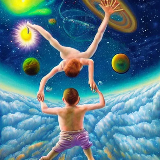 Prompt: a hyperrealistic detailed high painting with many complex textures of a boy playing and jumping, just being happy and free in the cosmos, cosmic surreal psychedelic magic realism spiritual art