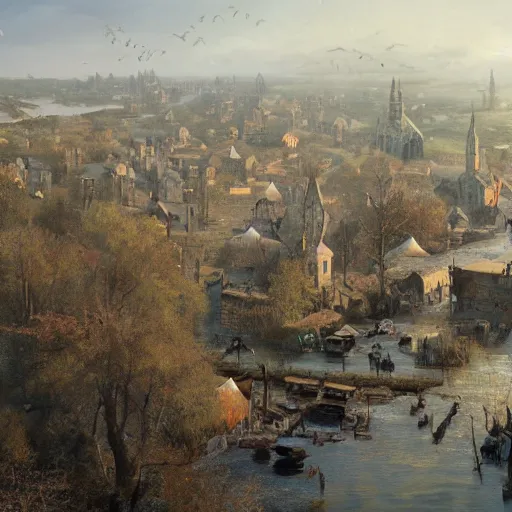 Prompt: birds eye view of a downtrodden medieval town by a river in a swamp surrounded by a tent shanty town, 4k, by Greg Rutkowski, fantasy, mix of celtic and Rus architecture, cinematic