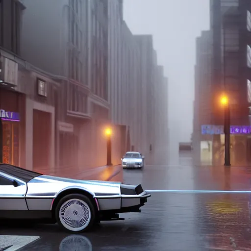 Image similar to hyperdetailed, photorealistic photograph of a dmc 1 2 delorean driving in the streets, rain, night, dense fog, hd, unreal engine 5