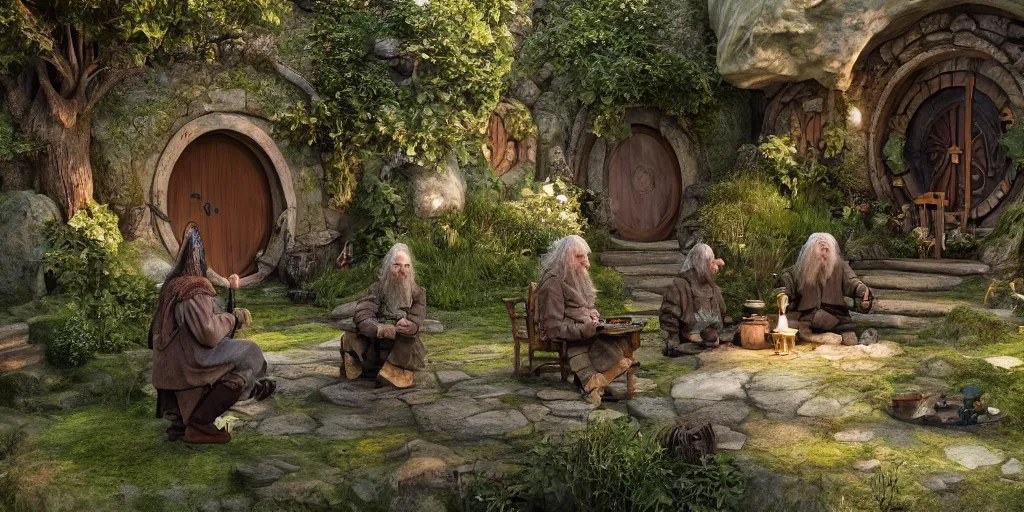 Prompt: a hobbit in his home at the shire with gandalf casting spells and elves chat to orcs, fantasy hi quality 4 k render,