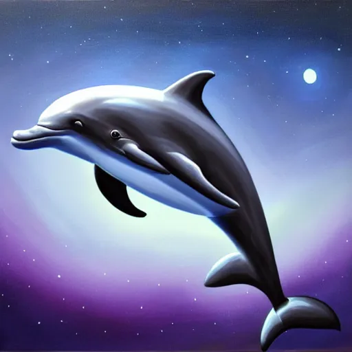 Image similar to painting, dolphin, cosmic background, artstation