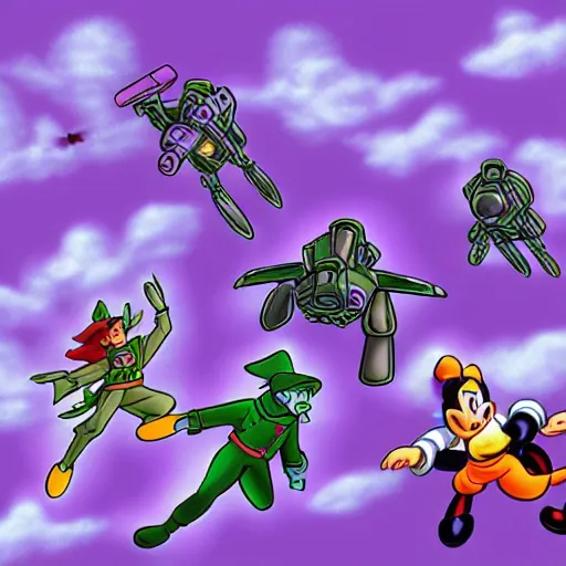 Image similar to mechs flying through purple clouds, in the style of Disney's Peter Pan