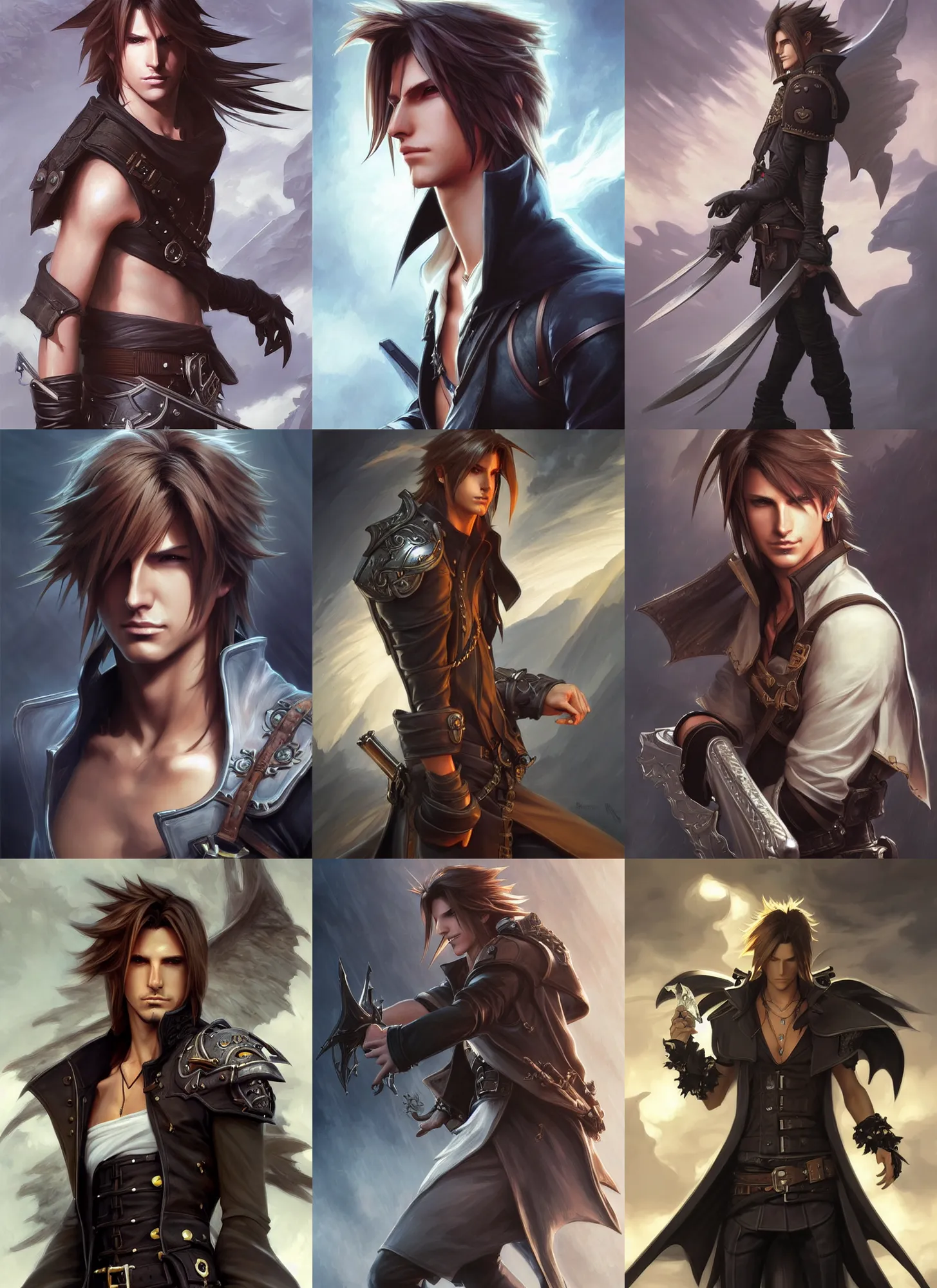 Prompt: squall from final fantasy 8, d & d, fantasy, intricate, elegant, highly detailed, digital painting, artstation, concept art, matte, sharp focus, illustration, hearthstone, art by artgerm and greg rutkowski and alphonse mucha