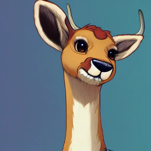 Prompt: a portrait of an anthropomorphic deer, doe, furry fursona, in the style of, hayao miyazaki, greg hildebrandt, greg rutkowski