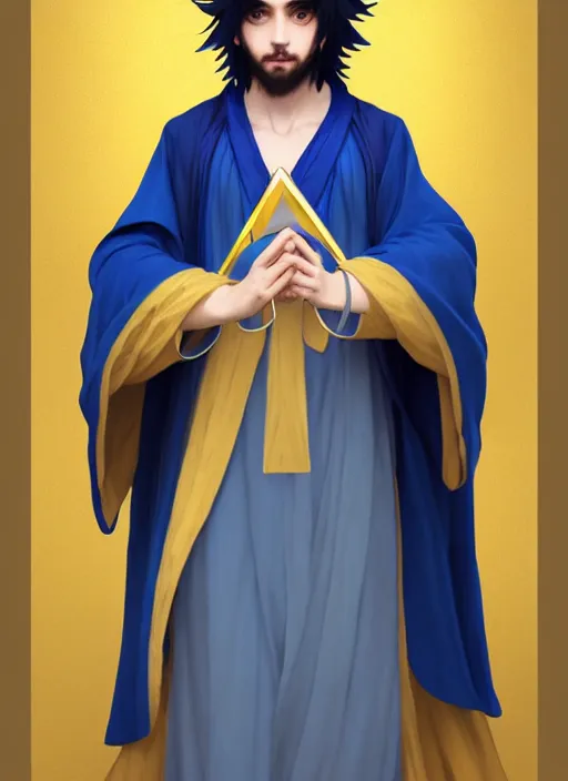 Prompt: card art portrait of a young man wizard with long white hair wearing blue and golden robes, long white hair, blue and golden robes, detailed robes, intrincated design, makoto shinkai, very detailed, matte, tonemapping, bbwchan, perfection, 4 k, william - adolphe bouguereau