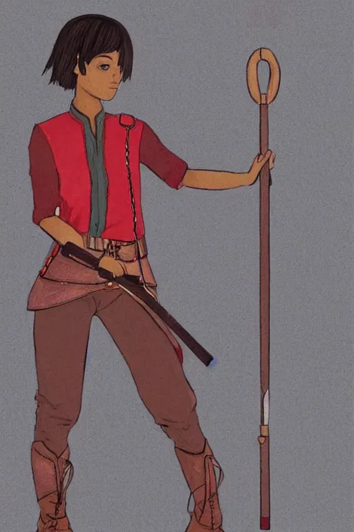 Image similar to young-looking dark-skinned british female mage with brown bob-cut hair, wearing white shirt and necklace with grey short-sleeved jacket with red trim, belt, black pants and boots with red lacing, and carrying a wooden staff with floating red crystals. illustrated by Viorie