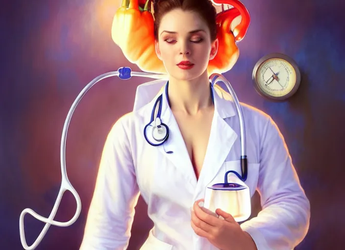 Image similar to a wide pepper wearing a white lab coat and stethoscope, diffuse lighting, fantasy, intricate, elegant, highly detailed, lifelike, photorealistic, digital painting, artstation, illustration, concept art, smooth, sharp focus, art by frank frazetta and marco bucci and loish and rossdraws and artgerm and alphonse mucha