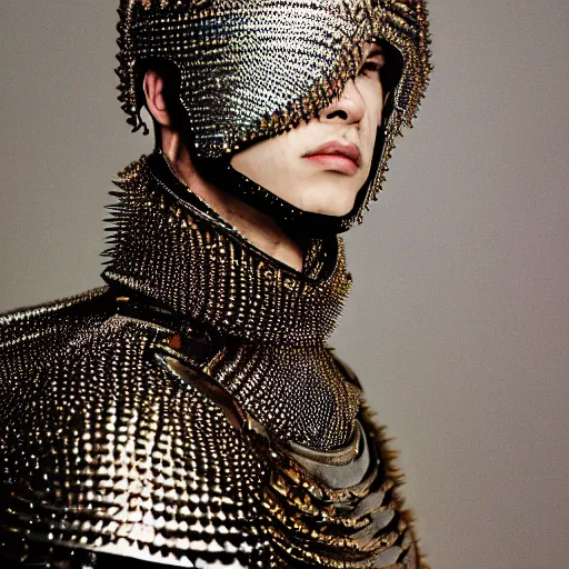 Image similar to a portrait of a beautiful young male wearing an alexander mcqueen armor made of holographic spikes , photographed by andrew thomas huang, artistic