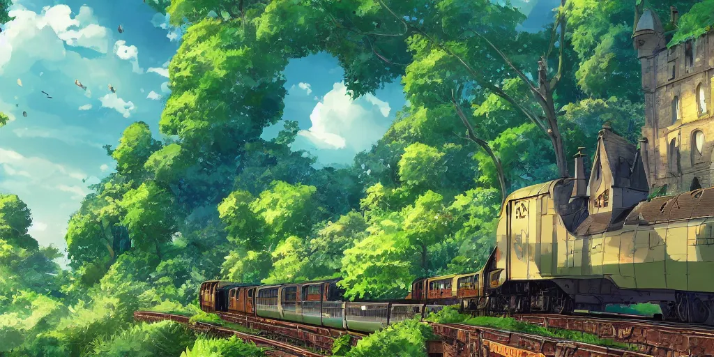 Image similar to A beautiful illustration of beautiful Hogwarts train, castle, leaves, trees, steam, magic, wide angle, by makoto shinkai, Wu daozi, very detailed, deviantart, 8k, wallpaper, tropical, colorful, airy, anime illustration, anime nature wallpap