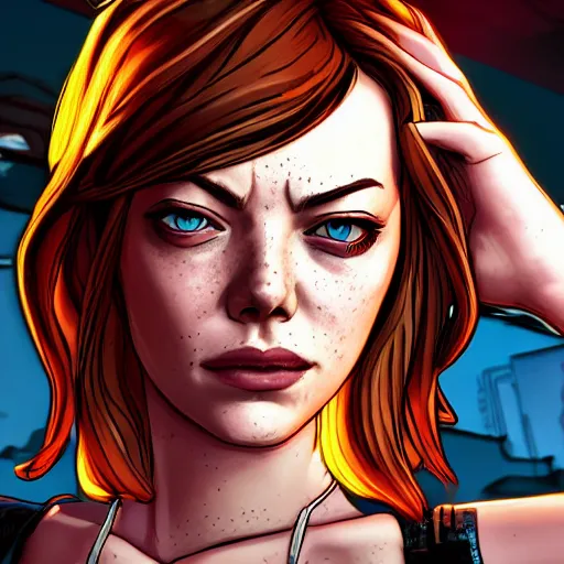 Image similar to emma stone portrait, borderlands, tales from the borderlands, the wolf among us, comic, cinematic lighting, studio quality, 8 k