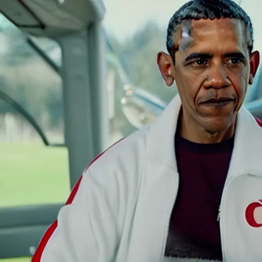 Prompt: riverdale still of obama wearing suspenders, a white varsity sweater with a varsity letter r, and a propeller cap, cap with a propeller on it