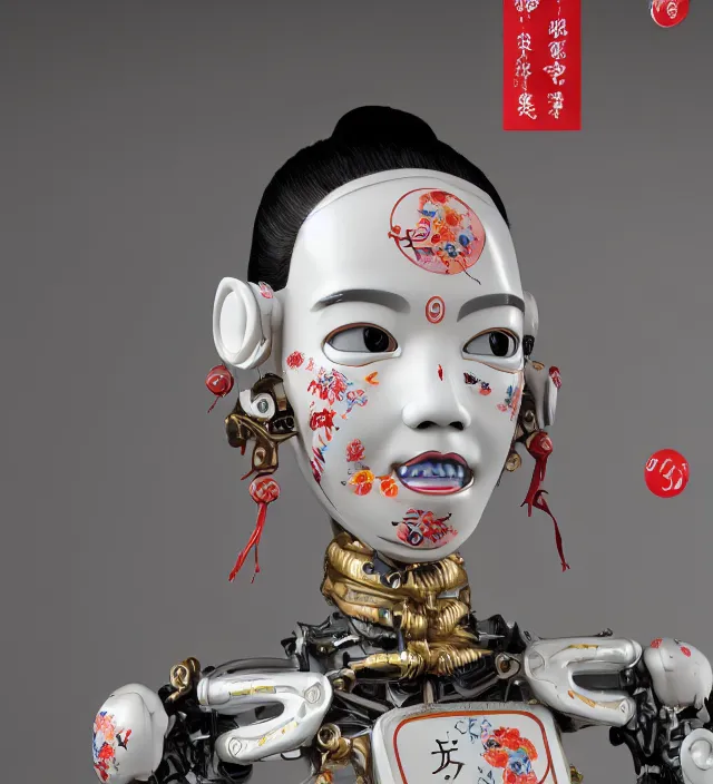 Image similar to full body portrait of a highly advanced digital robot with a porcelain japanese geisha face mask with kanji tattoos and decals, japanese model, octane render, intricate details, ultra realistic, dramatic lighting