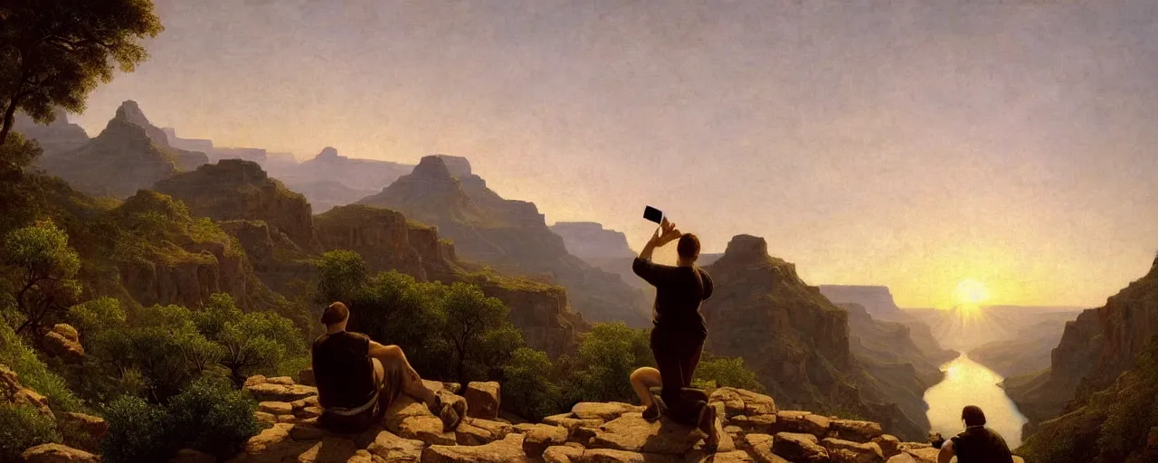 Prompt: romantic painting, wide shot of a chubby man in wearing a white t - shirt and blue shorts ( looking at his cellphone )!!!!!! in front of a the grand canyon at sunrise, highly detailed, sublime, hyperrealistic, painted by caspar david friedrich and albert bierstadt, trending on artstation 8 k