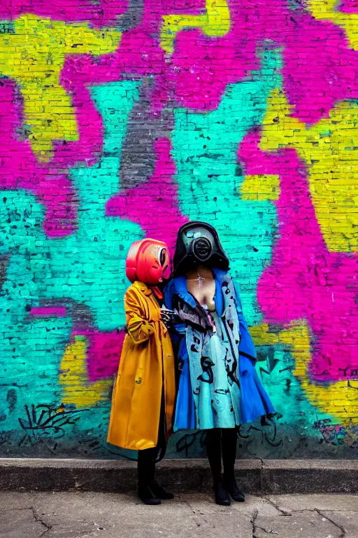 Image similar to a surreal portrait of two women wearing gas masks camouflaged into a wall of colorful graffiti in the style of brooke didonato, editorial fashion photography from vogue magazine, full shot, nikon d 8 1 0, ƒ / 2. 5, focal length : 8 5. 0 mm, exposure time : 1 / 8 0 0, iso : 2 0 0