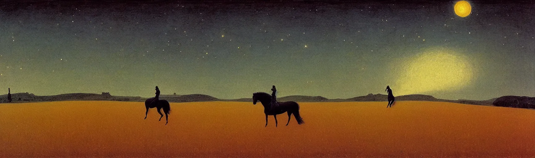 Prompt: black horse running through the starry nighty in a romantic night landscape, caspar david friedrich, arkhip kuindzhi, twilight, Edward Hopper, Giorgio de Chirico, Zdzislaw Beksinski,