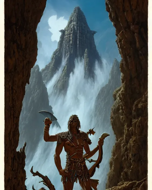 Image similar to full body shot of an ancient warrior standing in a stunic scenic enviornment, d & d, fantasy, greg rutkowski, frank frazetta, alexandre chaudret, boris vallejo, michael whelan, miro petrov, hr giger, magali villeneuve, donato giancola