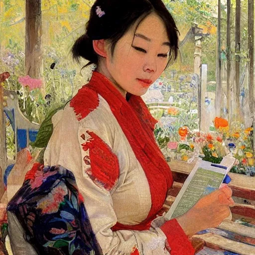 Prompt: portrait of asian beautiful woman reading from smartphone masterpiece painting by vasnetsov and surikov, JEAN-VICTOR BERTIN, by Terence Cuneo, detailed, t artfully traced