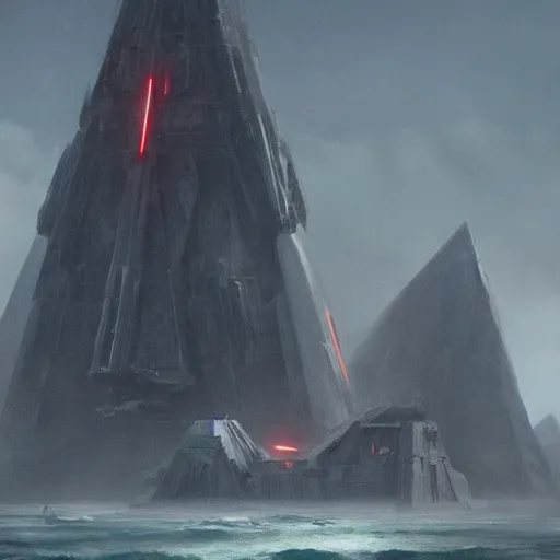 Image similar to star wars concept art by greg rutkowski, a palatial and imposing grey tall triangular pyramid tech tower emerging from the sea in the middle of a ocean landscape, enigmatic atmosphere, beautiful and cinematic lighting, artstation hq.