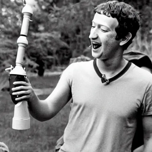 Image similar to photograph of mark zuckerberg smoking a bong at woodstock, hazy, bloodshot eyes, laughing, circa 1 9 6 9