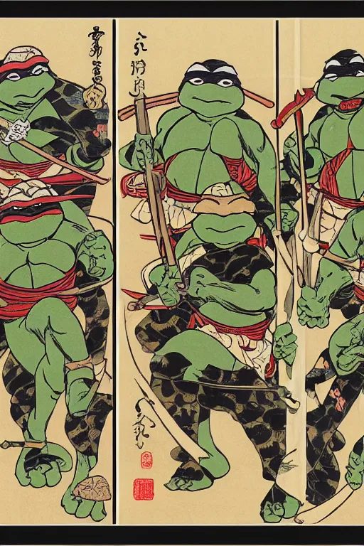 Image similar to Four Teenage Mutant Ninja Turtles, Japanese ukiyo-e ukiyo-ye woodblock print, by Moronobu