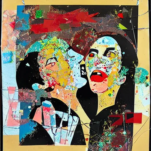 Image similar to two women kissing at a carnival, mixed media collage, retro, paper collage, magazine collage, acrylic paint splatters, bauhaus, layered paper art, sapphic visual poetry expressing the utmost of desires by jackson pollock