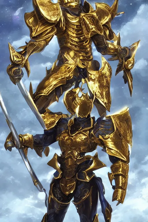 an anime showing the new golden armor zodiac Knight by, Stable Diffusion