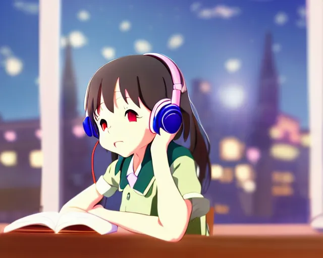 Image similar to anime fine details portrait of joyful school girl in headphones studying near monitor in her room at the table, evening, lamp, lo-fi, open window, dark city landscape on the background deep bokeh, profile close-up view, anime masterpiece by Studio Ghibli. 8k, sharp high quality anime