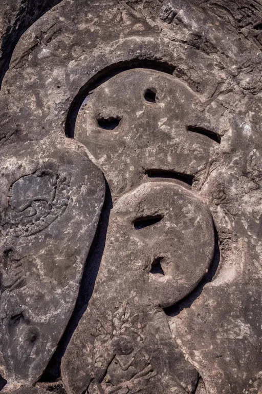 Image similar to 4 k photography of petroglyphs representing crosses, ufo, yin yang symbol on a cave