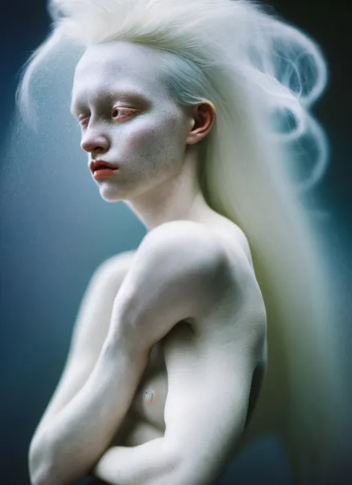 Prompt: cinestill 5 0 d photo portrait of a beautiful metamorphs with woman face, body in weird marble, white hair floating in air, in style of tim walker by roberto ferri, 1 5 0 mm lens, f 1. 2, ethereal, emotionally evoking, head in focus, bokeh volumetric lighting, tonal colors outdoor