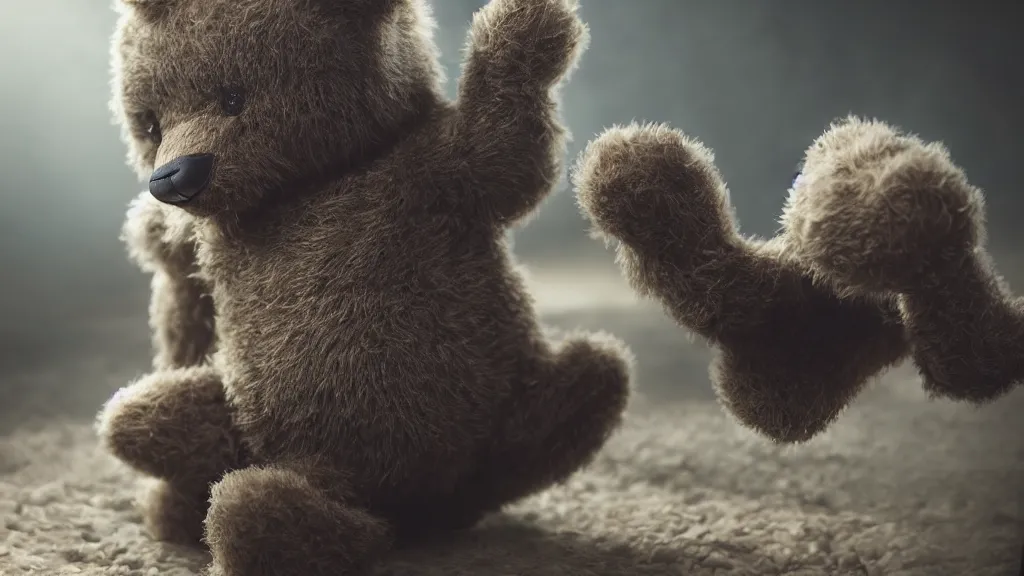 Image similar to a cute teddy bear, Hyper realistic, photorealistic, concept art, horror, eldritch, 8K, concept art, DSLR, filmic, HDR, hyperrealism, Unreal Engine, volumetric lighting, Darkart