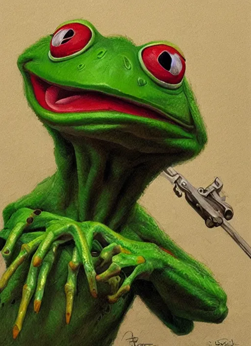 Image similar to portrait of Kermit the frog from Evil Dead (2013), intricate, highly detailed, centered, digital painting, artstation, concept art, smooth, sharp focus, illustration, artgerm, donato giancola, Joseph Christian Leyendecker, WLOP, Artgerm