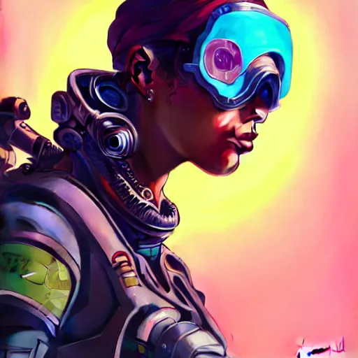 Image similar to high quality high detail portrait of a diesel punk overwatch character in an alien world, tristan eaton, victo ngai, artgerm, rhads, ross draws, hyperrealism, intricate detailed, alphonse mucha, 8 k, sci - fi, pastel colors, artstation,