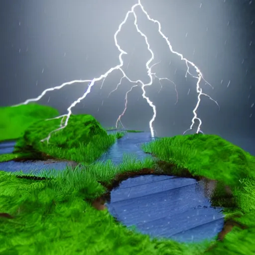 Prompt: rain diorama, cute raining thunderstorm, lightning, 4k detailed, isometric