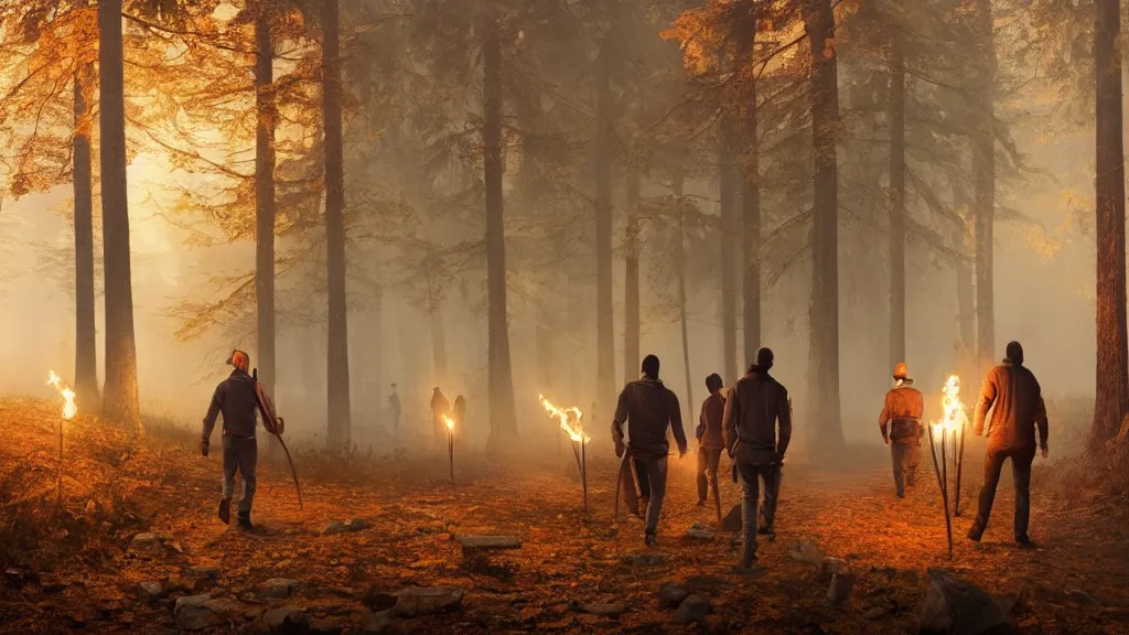 Prompt: beautiful render of several indigenous men walking holding torches, unreal engine, evening, smoke, sparks, torch, soft light, forest, fall, orange leaves, larches, early morning, fog, mist, by greg rutkowski, cgsociety