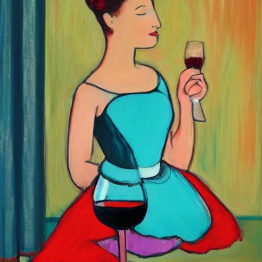 Image similar to painting of a ballerina drinking wine in a teal room, red background