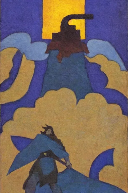 Image similar to thor with hammer, marvel, artwork by nicholas roerich,