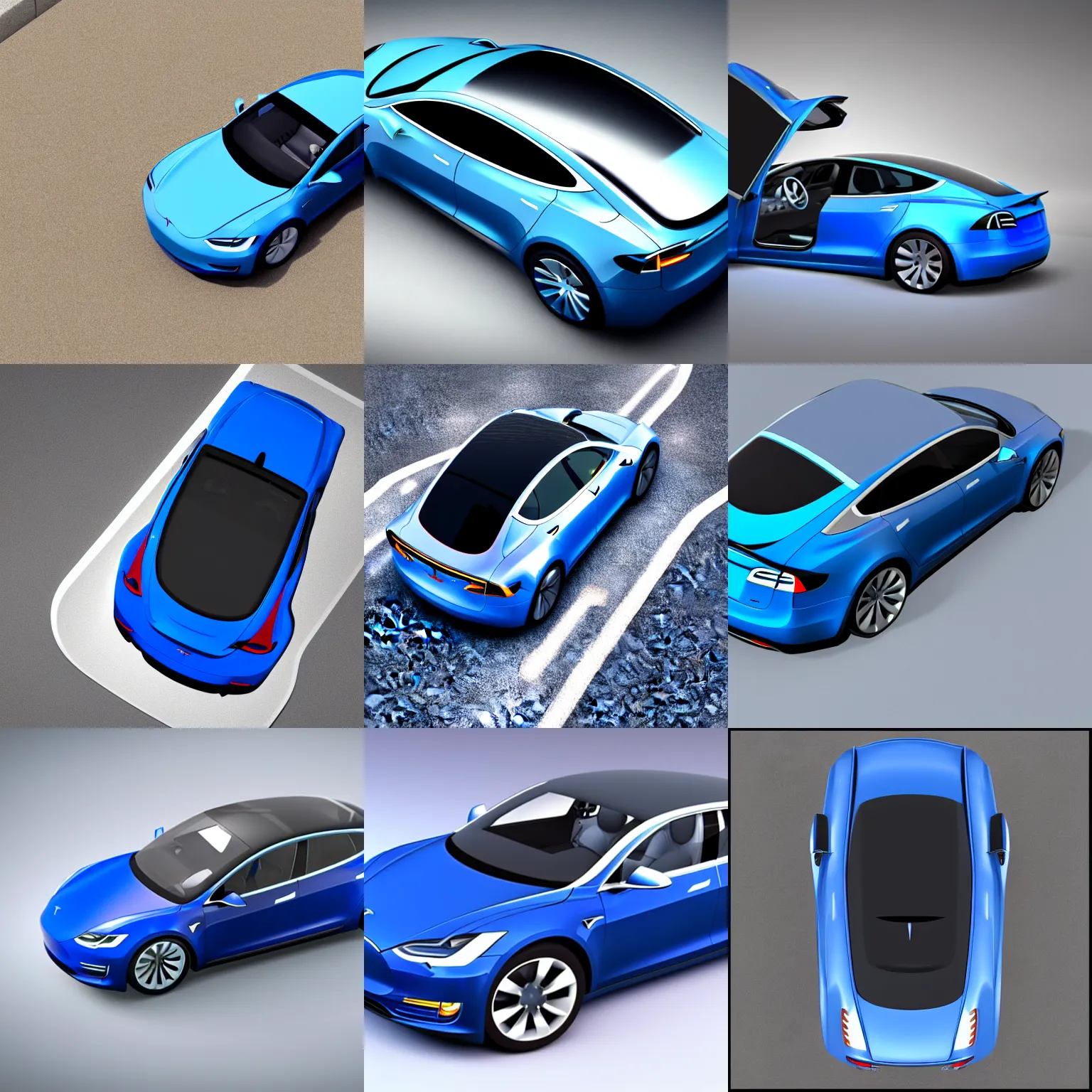 Prompt: a bottom up view of a blue tesla car on a blank white background, unreal engine 3 d rendering