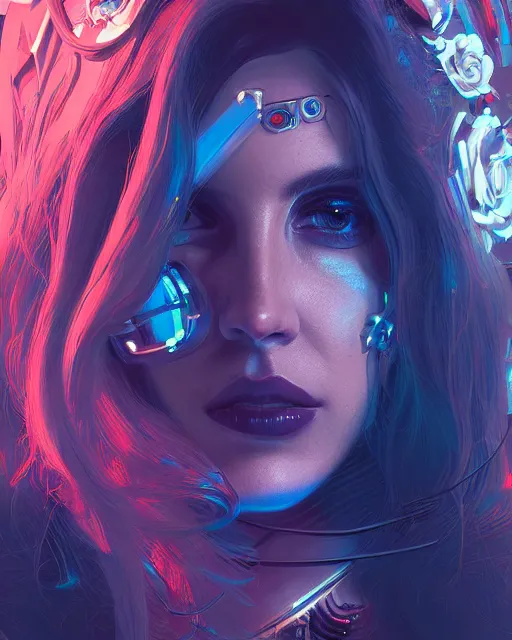 Image similar to portrait of lana del rey as a cyberpunk cyborg. roses, sci - fi, intricate abstract, upper body, intricate artwork, by tooth wu, wlop, beeple, dan mumford. concept art, 8 k octane render, deviantart, greg rutkowski, cinematic, key art, hyperrealism, iridescent accents