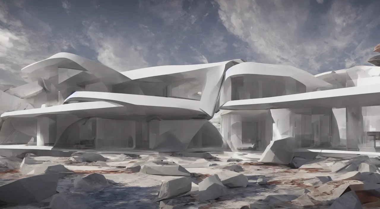 Image similar to a modern house design sitting in the middle of planet mars, unreal engine, zaha hadid, ludwig mies van der rohe architectural designs, strong colors, 4 k
