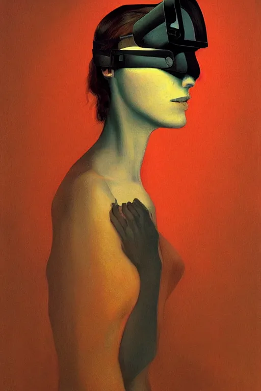 Image similar to a woman wearing an oculus through her head to see a trash art Edward Hopper and James Gilleard, Zdzislaw Beksinski highly detailed