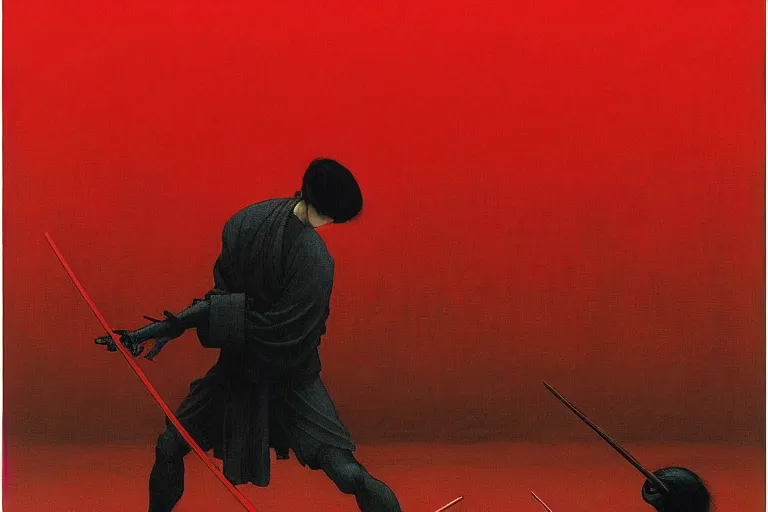 Image similar to only with red, a red samurai do seppuku, tokio, a lot of frogs watch, in the style of beksinski, parts by edward hopper, parts by rodcenko, parts by yue minjun, intricate and epic composition, red by caravaggio, insanely quality, highly detailed, masterpiece, red light, artstation, 4 k