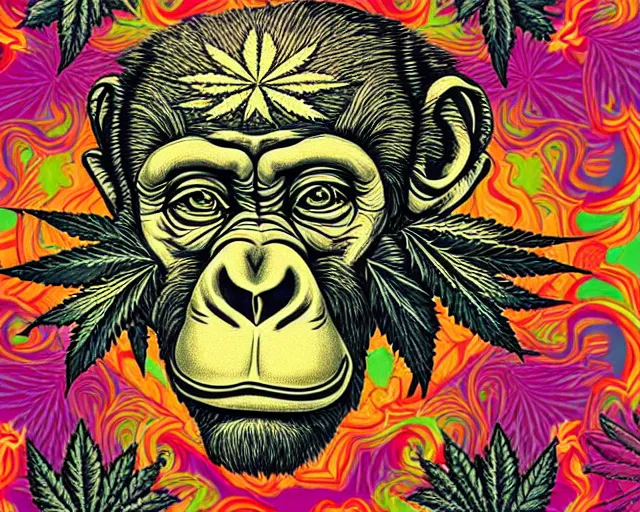 Image similar to psychedelic ornamental baroque bored ape wearing marijuana bandana, opensea