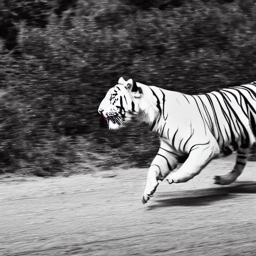 Image similar to realistic photo shot of a white tiger running fast | cinematic photo | cinematic shot | epic | 8k resolution | realistic | hyperrealistic