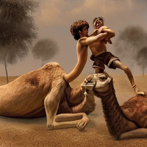 Prompt: Camels wrestling whilst pinocchio plays the accordion by james gurney, disney and Dan hillier, 8k, artstation