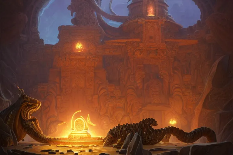 Image similar to hydra camel temple, 1 0 0 1 night, dark water, gemstones and treasures, deep focus, d & d, fantasy, intricate, elegant, highly detailed, digital painting, artstation, concept art, matte, sharp focus, illustration, hearthstone, art by artgerm and greg rutkowski and alphonse mucha