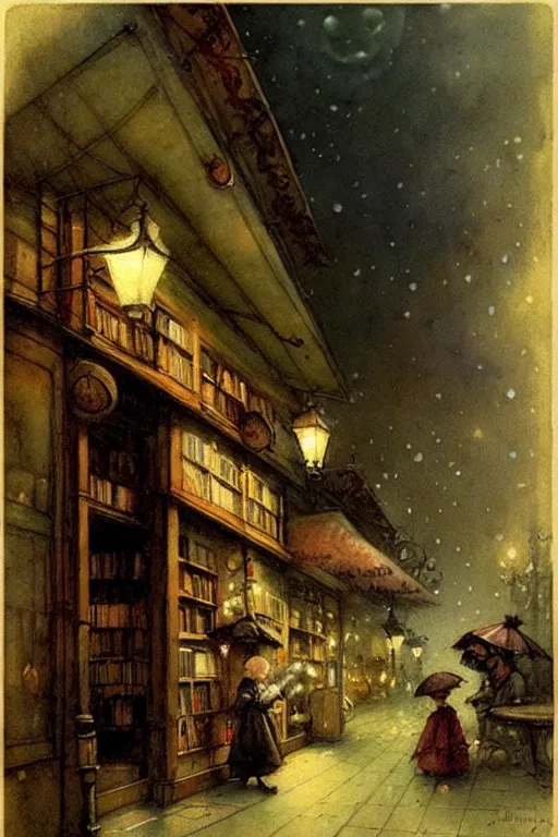 Prompt: (((((1950s bookshop in a fairy tale city at night . muted colors.))))) by Jean-Baptiste Monge !!!!!!!!!!!!!!!!!!!!!!!!!!!